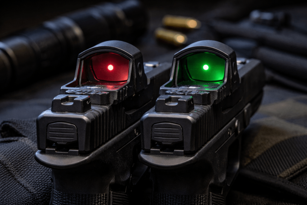 Pistol red dot optic comparison showing red and green emitter concepts for sight visibility and shooter vision performance