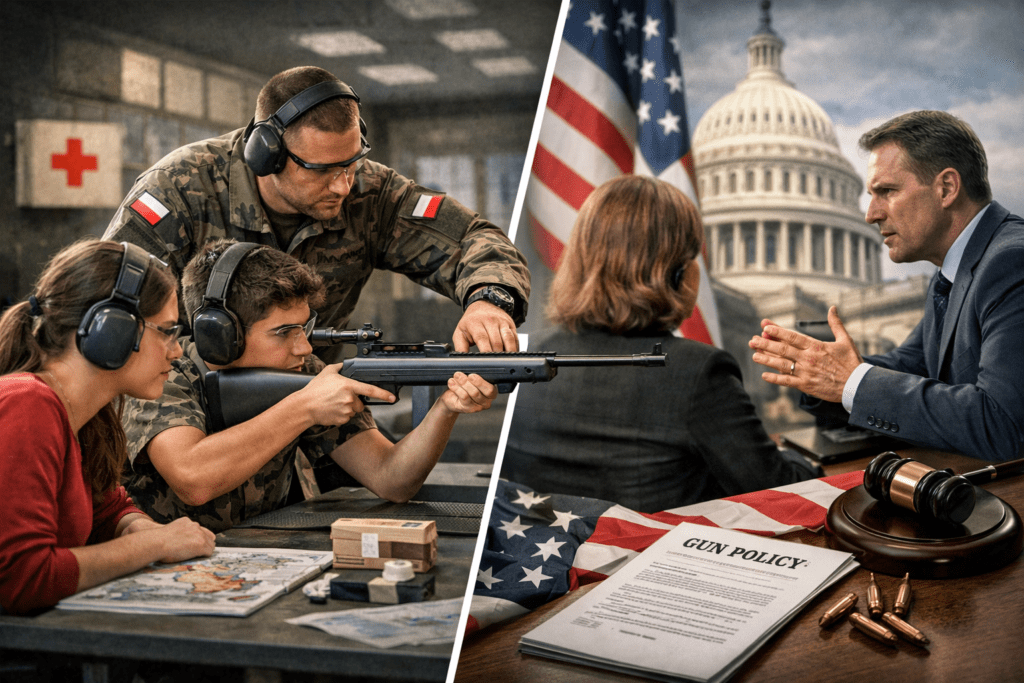 Left: military training scene with a shooter aiming a rifle while a instructor and a trainee wear hearing protection at a range with maps on the table; right: lawmakers discuss gun policy at a desk, with an American flag, gavel, and Capitol in the background; table shows a document labeled 'GUN POLICY' and bullets nearby.