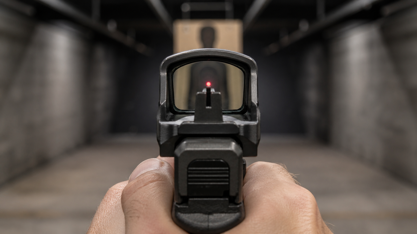 Close-up of a handgun aimed at a silhouette target in an indoor range, red dot sight centered.
