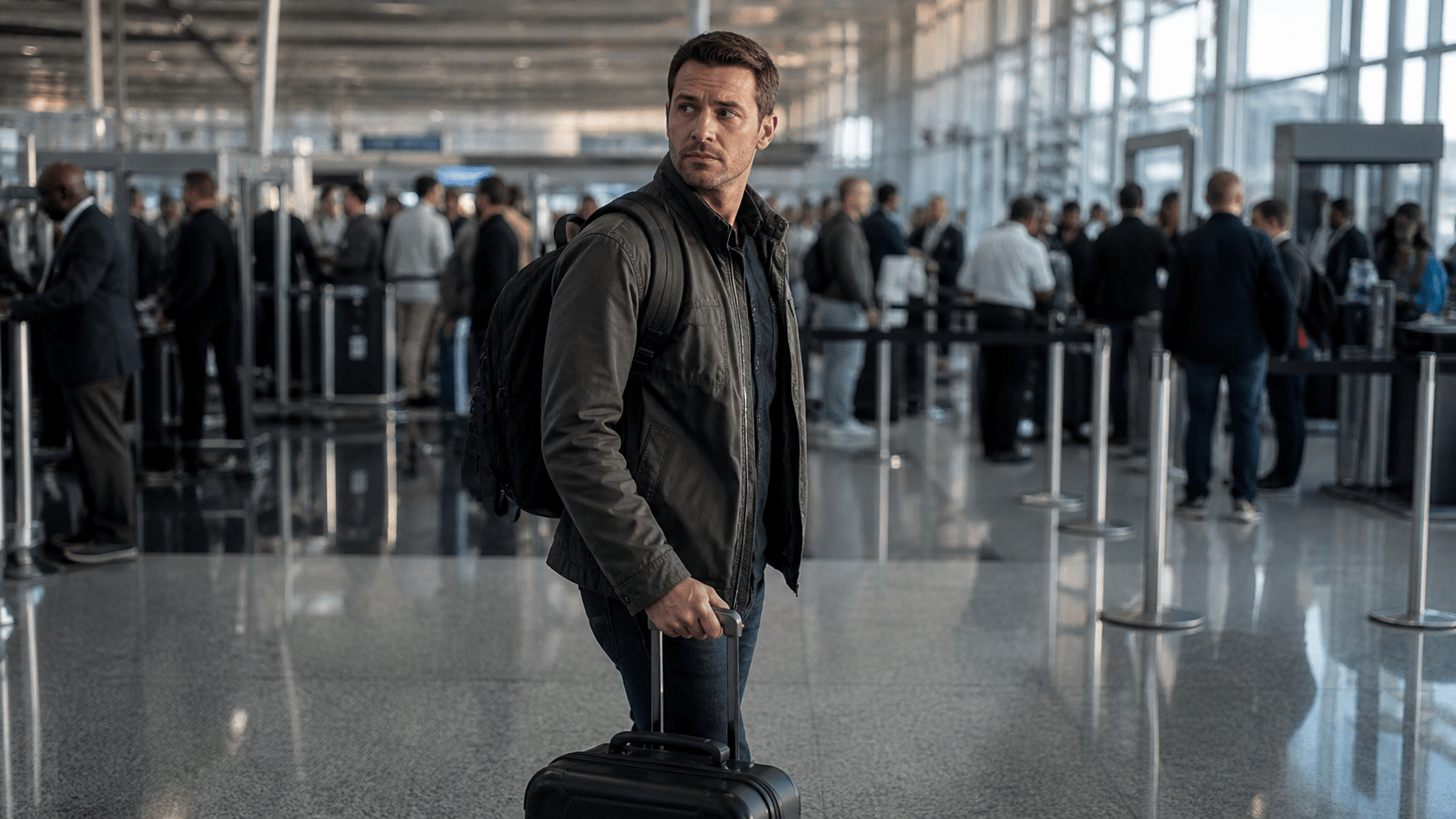 Man with a backpack and rolling suitcase stands in a busy airport security area, looking off to the side.