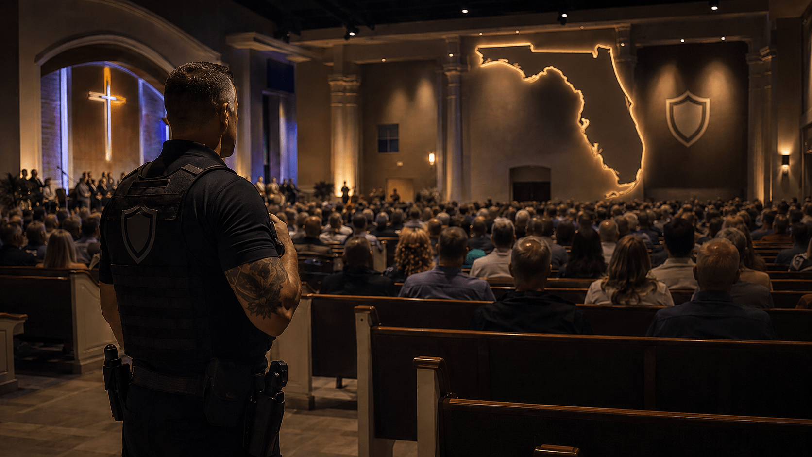 Security presence in a church | Valortec Security guard in tactical vest watches a crowded church sanctuary from the aisle.