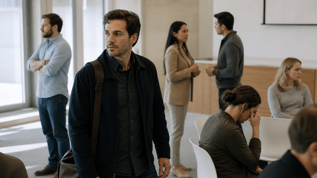 Man in a dark jacket and brown shoulder bag stands in a bright lobby while coworkers chat in the background.