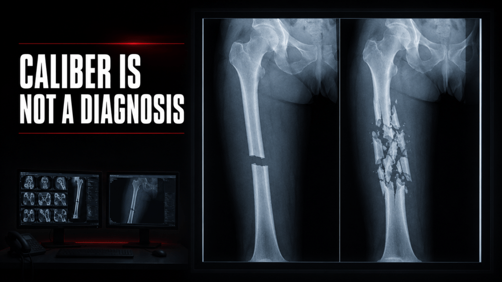 Poster-style image with the bold phrase 'CALIBER IS NOT A DIAGNOSIS' beside two leg X-rays, one showing a fractured femur and implants, on a dark background.