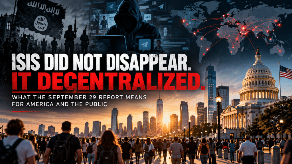 ISIS Threat to America 2026 | Valortec ISIS threat to the United States 2026 showing online radicalization, global extremist networks, American cities, and U.S. public safety concerns.